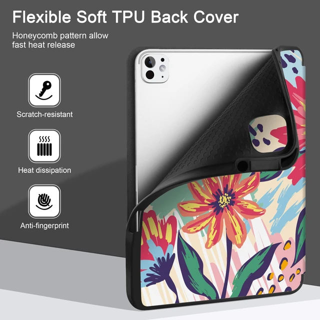 Alt view image 4 of 5 - MEEgoodo Case for M5 iPad Pro 13 inch 2025/M4 iPad Pro 13 inch Case 2024, Tablet Cover with Trifold Stand + Pencil Holder + Auto Wake/Sleep + Soft TPU Back Cover, Art Painted Flowers