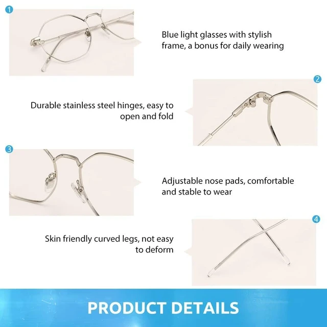 Alt view image 4 of 5 - Firmoo Polygon Blue Light Blocking Glasses for Woman Men, Silver Blue Light Filter Computer Glasses Reduce Eyestrain Headache Metal Glasses