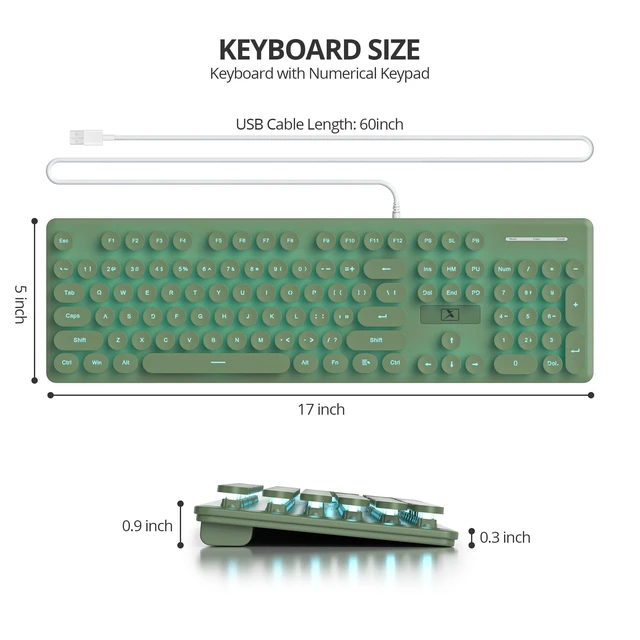 Alt view image 2 of 5 - Fogruaden Wired Computer Keyboard, Quiet Full Size Membrane Keyboard, Retro Typewriter Style Round Key, Light Up, Dark Green Cute Keyboards, Blue LED Backlit, Slim, Silent for Windows PC, Laptop