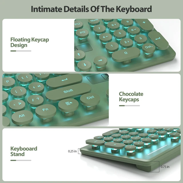 Alt view image 3 of 5 - Fogruaden Wired Computer Keyboard, Quiet Full Size Membrane Keyboard, Retro Typewriter Style Round Key, Light Up, Dark Green Cute Keyboards, Blue LED Backlit, Slim, Silent for Windows PC, Laptop