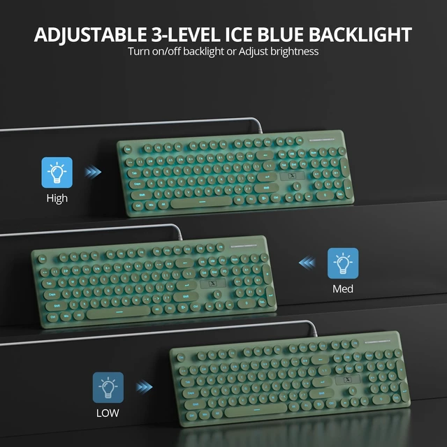 Alt view image 5 of 5 - Fogruaden Wired Computer Keyboard, Quiet Full Size Membrane Keyboard, Retro Typewriter Style Round Key, Light Up, Dark Green Cute Keyboards, Blue LED Backlit, Slim, Silent for Windows PC, Laptop