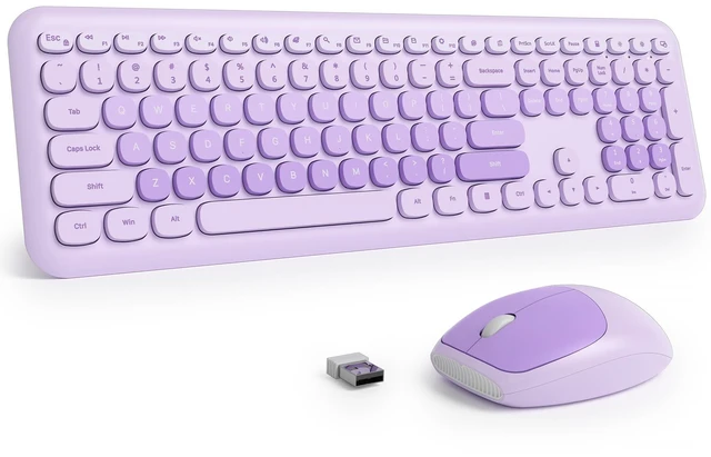 Main image of Fogruaden Quiet Purple Wireless Keyboard and Mouse, 2.4GHz Retro Cute Typewriter-Style Full-Size Colorful Keyboard and Mouse Combo, Slim Design, Low-Noise Typing for Home, Office, Windows PC, L
