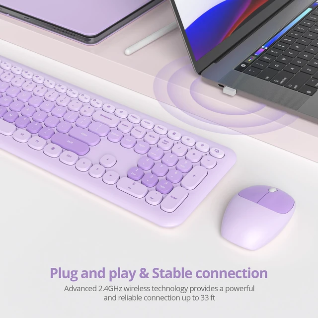 Alt view image 2 of 5 - Fogruaden Quiet Purple Wireless Keyboard and Mouse, 2.4GHz Retro Cute Typewriter-Style Full-Size Colorful Keyboard and Mouse Combo, Slim Design, Low-Noise Typing for Home, Office, Windows PC, L