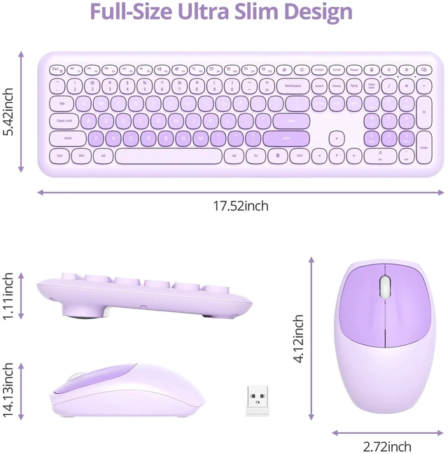 Alt view image 3 of 5 - Fogruaden Quiet Purple Wireless Keyboard and Mouse, 2.4GHz Retro Cute Typewriter-Style Full-Size Colorful Keyboard and Mouse Combo, Slim Design, Low-Noise Typing for Home, Office, Windows PC, L