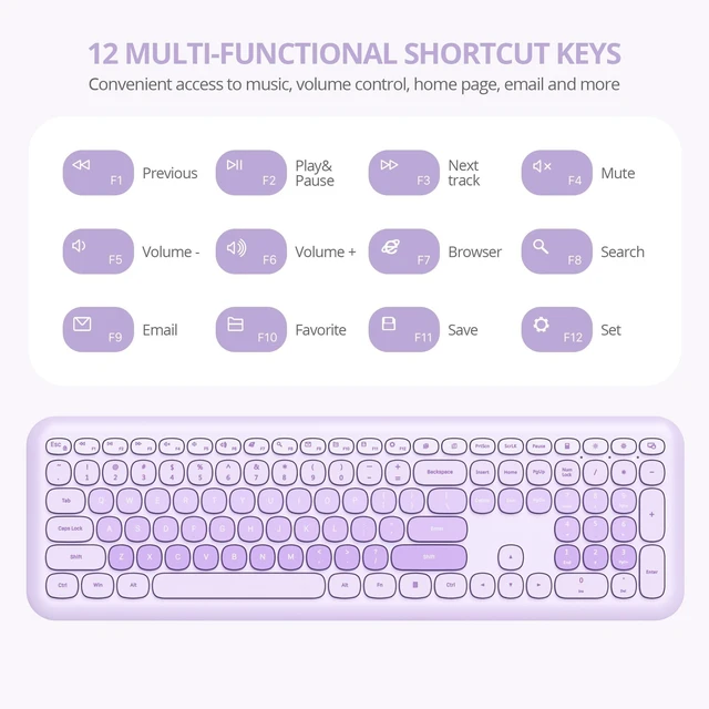 Alt view image 4 of 5 - Fogruaden Quiet Purple Wireless Keyboard and Mouse, 2.4GHz Retro Cute Typewriter-Style Full-Size Colorful Keyboard and Mouse Combo, Slim Design, Low-Noise Typing for Home, Office, Windows PC, L