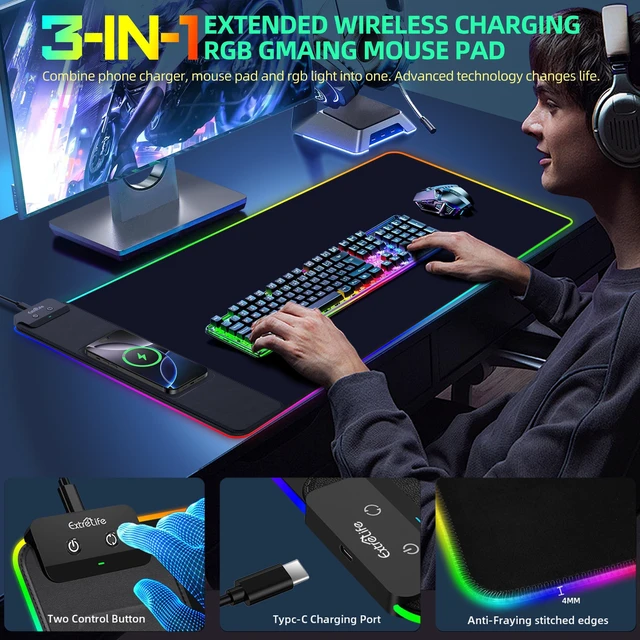 Alt view image 2 of 5 - Mouse Pad with Wireless Charging, Large Desk Mat with Adapter, 31.5"x15.7"