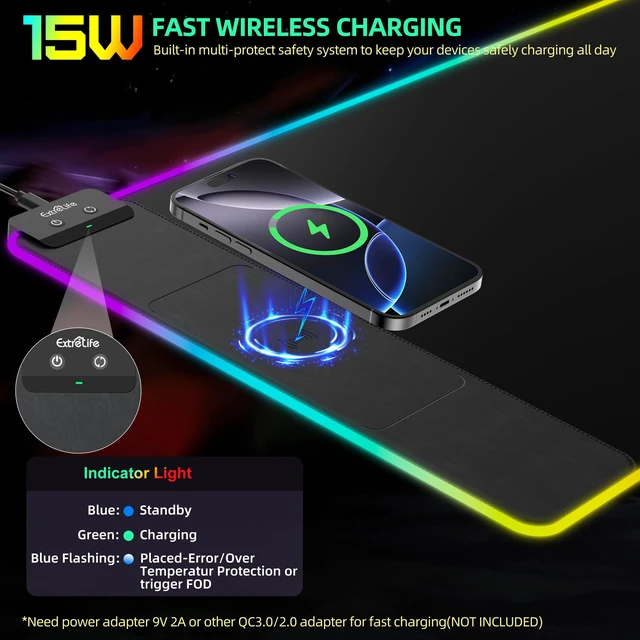 Alt view image 3 of 5 - Mouse Pad with Wireless Charging, Large Desk Mat with Adapter, 31.5"x15.7"