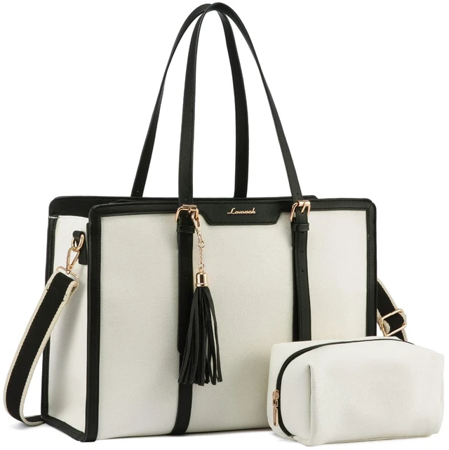 Main image of LOVEVOOK Laptop Bag for Women - 17 inch Lightweight Canvas Laptop Tote, Large Capacity Computer Bag with Clutch Purse for Business, Work, Travel, School (Beige & Black, 17 Inch)