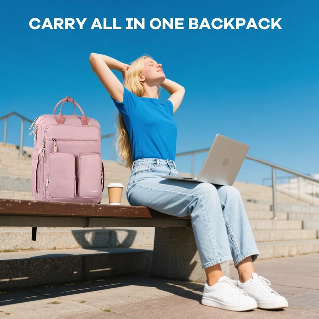 Alt view image 2 of 5 - Mancro College Laptop Backpack for Women with 15.6 Inch Laptop Sleeve, Pink