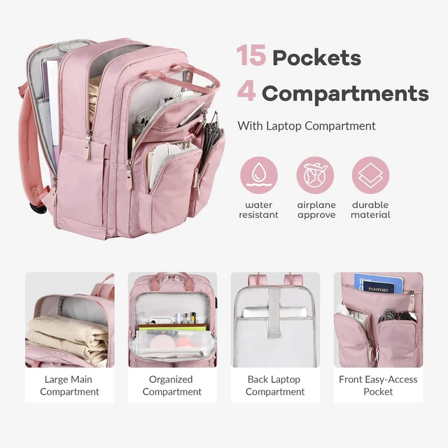 Alt view image 3 of 5 - Mancro College Laptop Backpack for Women with 15.6 Inch Laptop Sleeve, Pink