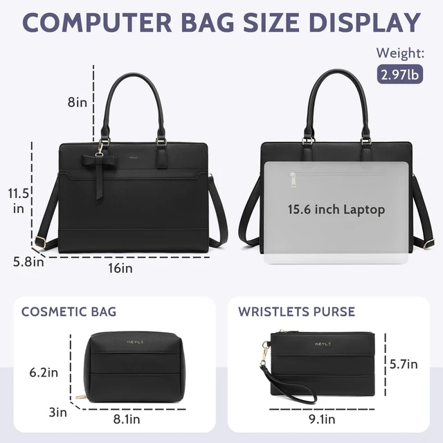 Alt view image 4 of 5 - Keyli 3pc Sets Laptop Bag Work Bags for Women,15.6 Inch Laptop Tote Bag Purses Waterproof Vegan Leather Computer Briefcase Professional Business Shoulder Handbags for Teacher Office Travel Black