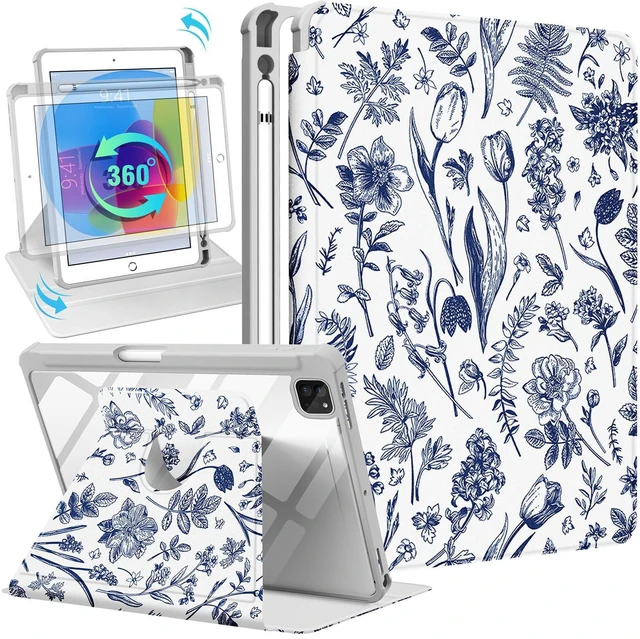 Main image of Kidcube for iPad Air 13 Inch Case M3 2025/M2 2024, for iPad Pro 12.9 Cases (2022/2021/2020/2018) - Women Girls Cute Folio Cover with Pencil Holder Kawaii Girly Blue Floral Flower Design Rotating Stand