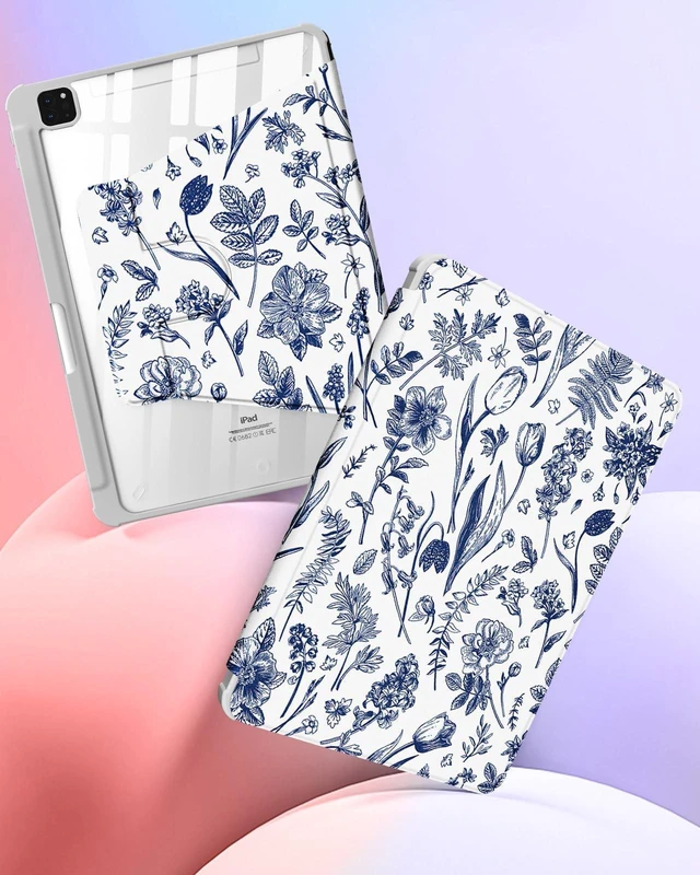 Alt view image 4 of 5 - Kidcube for iPad Air 13 Inch Case M3 2025/M2 2024, for iPad Pro 12.9 Cases (2022/2021/2020/2018) - Women Girls Cute Folio Cover with Pencil Holder Kawaii Girly Blue Floral Flower Design Rotating Stand