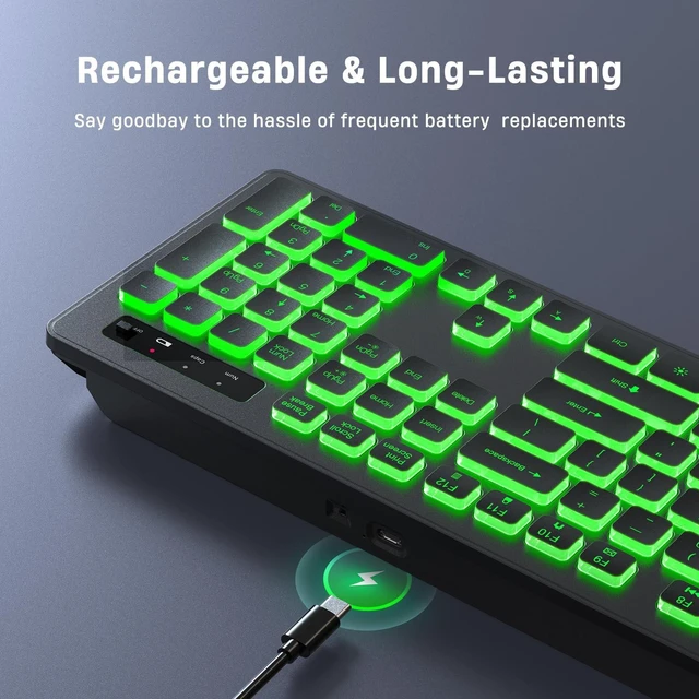 Alt view image 4 of 5 - KOPJIPPOM Backlit Wireless Keyboard, 2.4G Silent Wireless Light Up Keyboard, Full Size Computer Keyboards with 7 Colored Backlits, Rechargeable Keyboards for Windows, PC, Laptop (Black,
