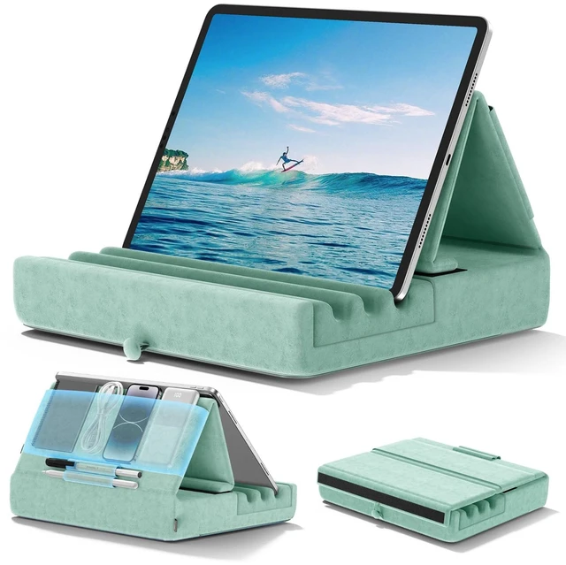 Main image of KDD Tablet Pillow Holder, Foldable iPad Stand for Lap, Bed and Desk -Tablet Soft Pad Dock with Pocket & Stylus Mount Compatible with iPad Pro 12.9, 10.5, 9.7 Air Mini 6 5 4 3, E-Reader