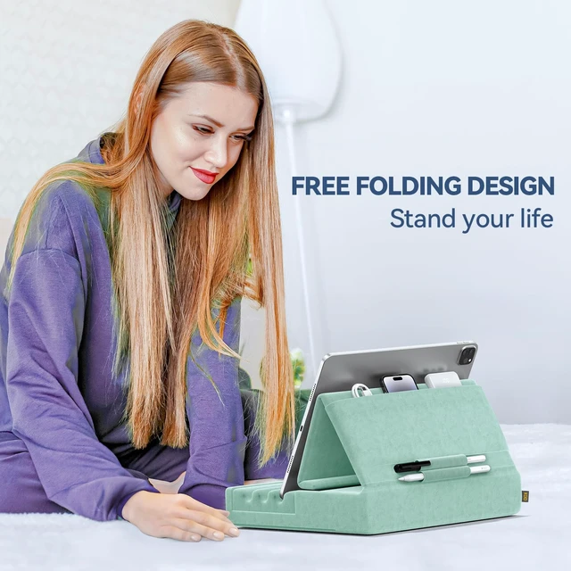 Alt view image 2 of 5 - KDD Tablet Pillow Holder, Foldable iPad Stand for Lap, Bed and Desk -Tablet Soft Pad Dock with Pocket & Stylus Mount Compatible with iPad Pro 12.9, 10.5, 9.7 Air Mini 6 5 4 3, E-Reader