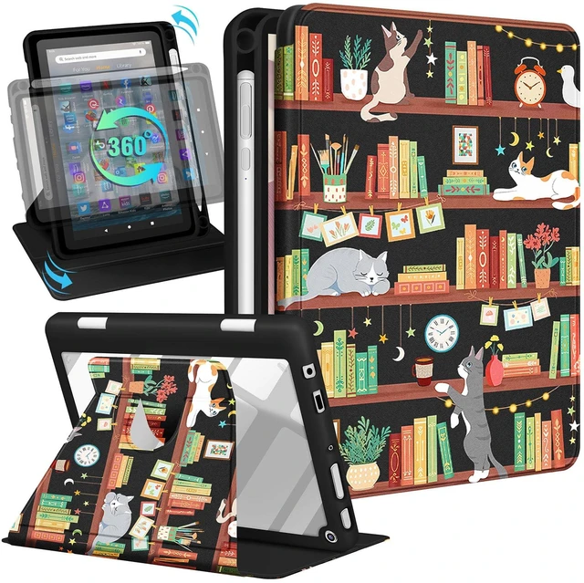 Main image of Kidcube for Kindle Fire HD 8/8 Plus Tablet Case - 10th/12th Generation (2020/2022) 8" Women Girl Folio Cover with Pencil Holder Cute Cartoon Cat Kawaii Rotating Stand Cases for Fire HD 8/8 Plus