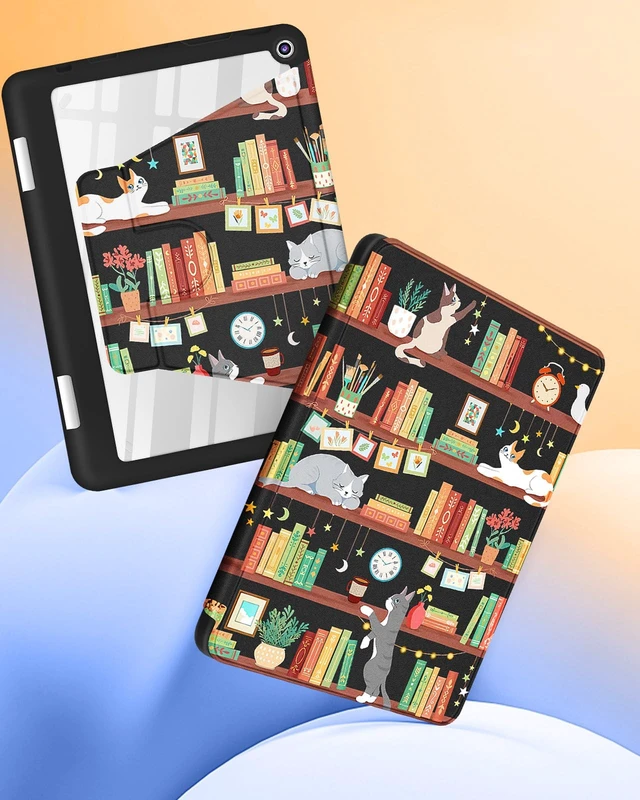 Alt view image 4 of 5 - Kidcube for Kindle Fire HD 8/8 Plus Tablet Case - 10th/12th Generation (2020/2022) 8" Women Girl Folio Cover with Pencil Holder Cute Cartoon Cat Kawaii Rotating Stand Cases for Fire HD 8/8 Plus