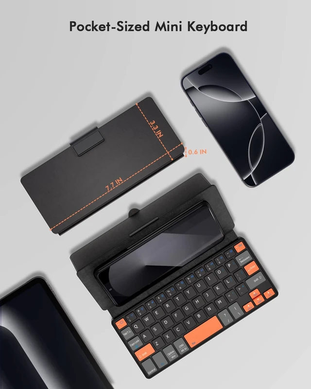 Alt view image 2 of 5 - Doohoeek Universal Bluetooth Mini Keyboard, Wireless Compact Keyboard with Orange Navigation Keys & Any-Angle Stand for Android/iOS/Windows, Dual-Device Keypad for Phones/Galaxy Z Fold/iPad min