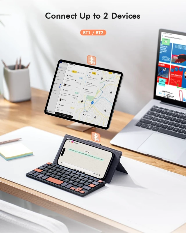 Alt view image 4 of 5 - Doohoeek Universal Bluetooth Mini Keyboard, Wireless Compact Keyboard with Orange Navigation Keys & Any-Angle Stand for Android/iOS/Windows, Dual-Device Keypad for Phones/Galaxy Z Fold/iPad min