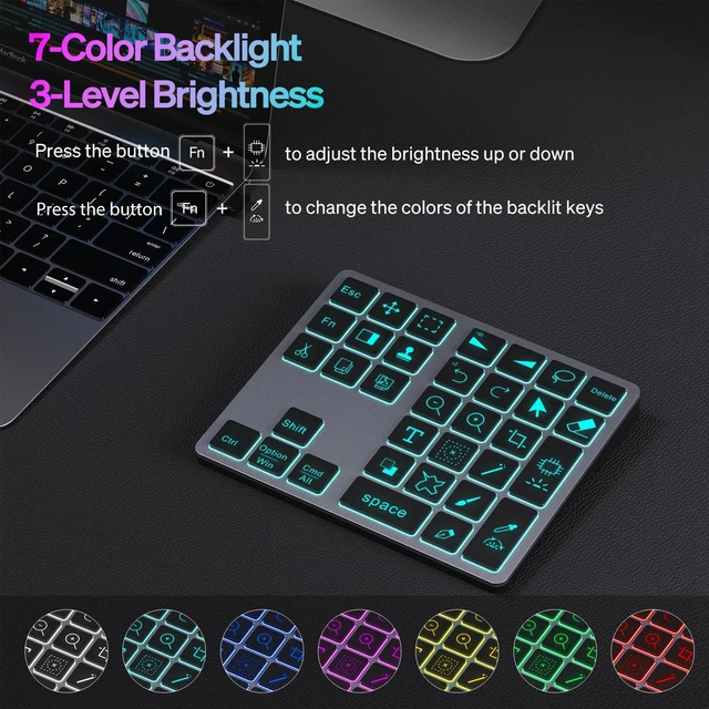 Alt view image 2 of 5 - Doohoeek Bluetooth Shortcut Keyboard for Adobe Photoshop for PC Computer, Desktop, iPad & MacBook, PS Shortcut Hotkeys Keypad Rechargeable with 7-Color Backlit Key for MacOS, iOS & Windows