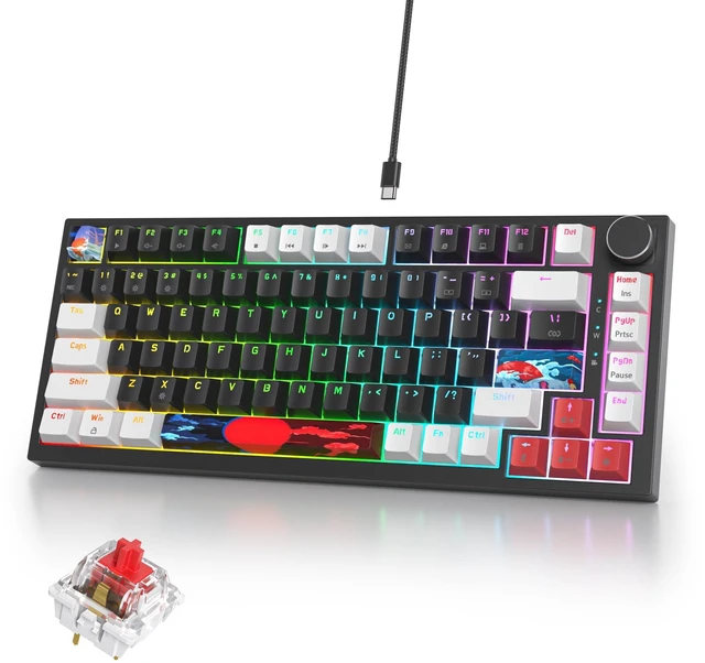 Main image of iRoboosta 75% Mechanical Gaming Keyboard - Hot Swappable RGB Backlit Custom Keyboard with Knob, Gasket Mount USB Wired, 82 Keys (White, Black, Linear, Red Switch)