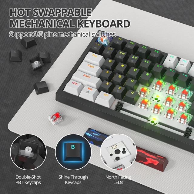 Alt view image 2 of 5 - iRoboosta 75% Mechanical Gaming Keyboard - Hot Swappable RGB Backlit Custom Keyboard with Knob, Gasket Mount USB Wired, 82 Keys (White, Black, Linear, Red Switch)