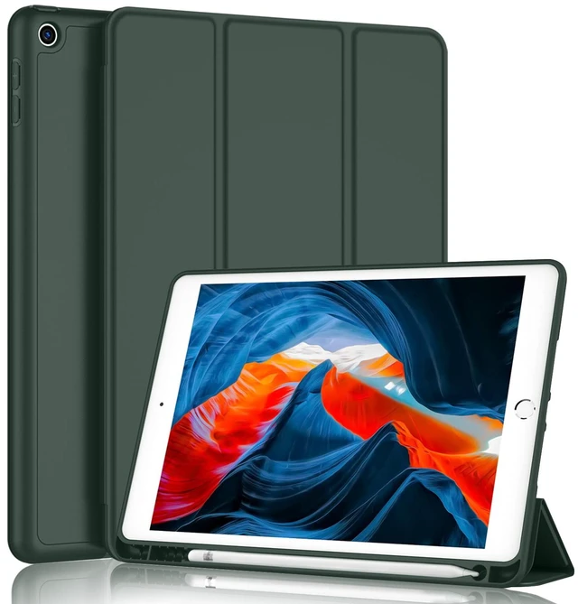 Main image of iMieet iPad 9th Generation Case 2021/iPad 8th Generation Case 2020 10.2 Inch with Pencil Holder, iPad 7th Gen 2019 Case with Soft Baby Skin Silicone Back, Auto Wake/Sleep Cover(Dark Green)