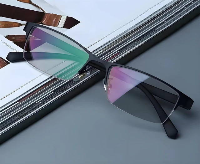 Alt view image 3 of 5 - HOPWODE Anti Blue Light Glasses, Color Changing Photochromic Sunglasses, Men's And Women's Myopia Glasses, Half Frame Business Style, Black, -4.0 Diopters