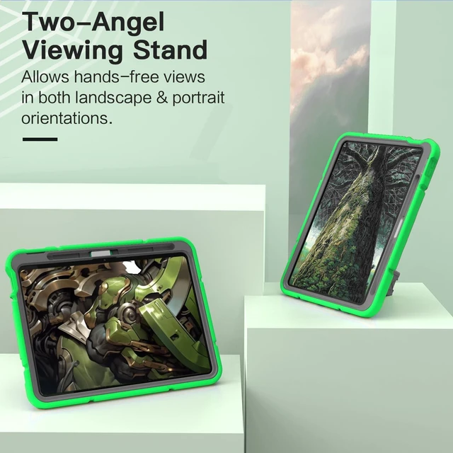 Alt view image 4 of 5 - Grifobes Case for iPad 11-inch (A16) 2025 / iPad 10th Generation 2022 10.9 inch, Heavy Duty Shockproof Rugged 11th / 10 Gen Cover with Pencil Holder & Stand (Green+Gray)