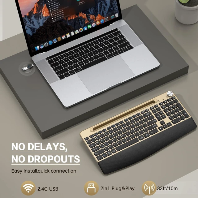 Alt view image 2 of 5 - GAMCATZ Ergonomic Wireless Keyboard with Wrist Rest-Low-Profile,Phone/Tablet Holder,Quiet DesignWindows & Mac OSFull Size Cordless USB Computer Keyboard for Desktop,Laptop, PC, Mac, Windows-Bla