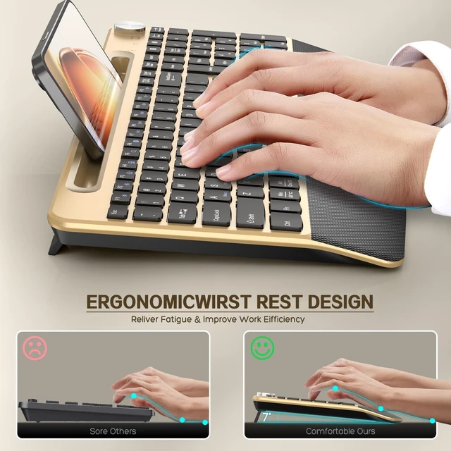 Alt view image 4 of 5 - GAMCATZ Ergonomic Wireless Keyboard with Wrist Rest-Low-Profile,Phone/Tablet Holder,Quiet DesignWindows & Mac OSFull Size Cordless USB Computer Keyboard for Desktop,Laptop, PC, Mac, Windows-Bla