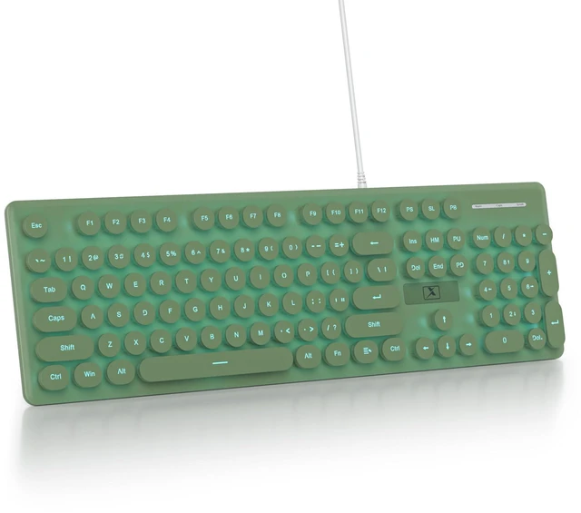 Main image of surmen Cute Quiet Keyboard Green Wired Typewriter Keyboard, Light Up Backlit PC Keyboards with Retro Round Keys Full Size 104 Keys for Office Computer (Dark Green)