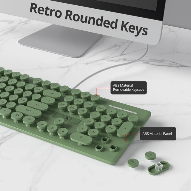 Alt view image 3 of 5 - surmen Cute Quiet Keyboard Green Wired Typewriter Keyboard, Light Up Backlit PC Keyboards with Retro Round Keys Full Size 104 Keys for Office Computer (Dark Green)