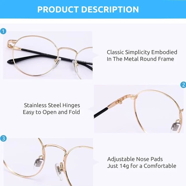 Alt view image 5 of 5 - Firmoo Blue Light Blocking Glasses for Computer Reading Retro Metall Round Frame for Women Men(Gold 1.0x)