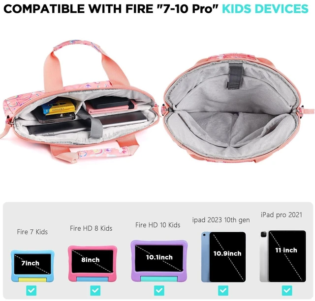 Alt view image 5 of 5 - Foxstory Kids Tablet Bag for Girls, Kids Tablet Carrying Case for Fire HD 10, HD 8, Fire 7 Sleeve Bag Kid Kindle Bag, iPad Bag for Kid, Rainbow Unicorn Pink