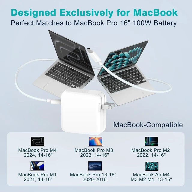 Alt view image 3 of 5 - Charger for MacBook Pro 16 14 inch MacBook Air 15 13 inch 2025 2024 2023 2022 2021 2020 2019 M4 M3 M2 M1, Super Compact 100W USB C Laptop Power Adapter, 6.6FT USB-C Braided Cable, Original Quality