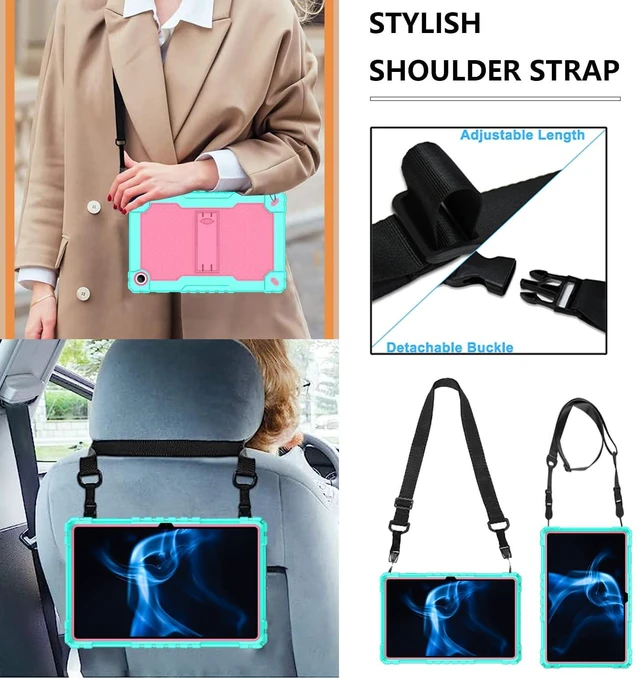 Alt view image 2 of 5 - Doemoil for Onn 10.4 Tablet Pro 2023 Model: 100110603 Case Built in Kickstand Heavy Duty Hybrid Case Hard Back Case Come with Tempered Glass/Shoulder Strap for Onn 10.4 Tablet Pro (Green+Pink/1 Pcs)