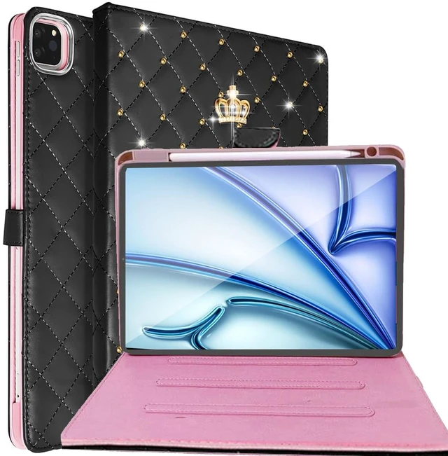 Main image of Changjia for iPad Air 11 Inch Case M4 (2026)/M3 (2025)/M2 (2024), iPad Air 5th/4th Gen 10.9" (2022/2020) with Pencil Holder,Girly Cute Crown Diamond Elegant Auto Sleep/Wake Stand Protective Case,Black