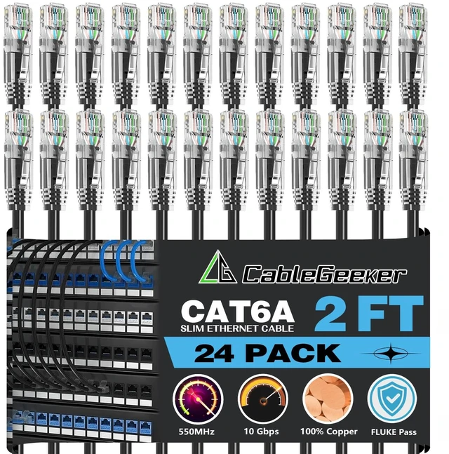 Main image of CableGeeker Cat 6A Slim Ethernet Patch Cables, 2 ft, 24-Pack, Black