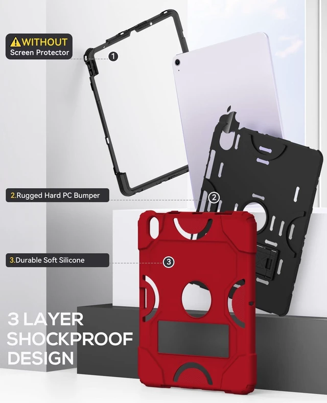 Alt view image 4 of 5 - Cantis Case for iPad Air 11-inch (M4) 2026/ (M3) 2025/ (M2) 2024, iPad Air 5th/4th Generation (2022/2020) 10.9 Inch, Heavy Duty Shockproof Rugged Protective for i Pad Air 11'', Red+Black+Black