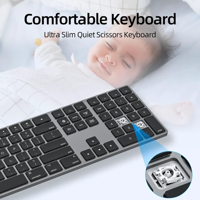 Alt view image 3 of 5 - B.FRIENDIT Bluetooth Keyboard for Mac, Aluminum Rechargeable Slim Wireless Keyboard, Multi-Device, Full Size with Numeric Keypad, Silent Scissor Switch for MacBook Pro/Air, iMac, iPad - Space G