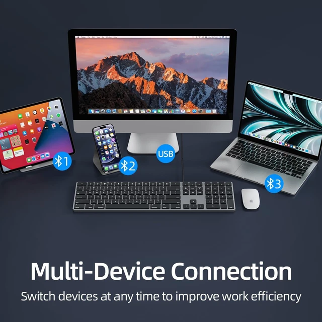 Alt view image 5 of 5 - B.FRIENDIT Bluetooth Keyboard for Mac, Aluminum Rechargeable Slim Wireless Keyboard, Multi-Device, Full Size with Numeric Keypad, Silent Scissor Switch for MacBook Pro/Air, iMac, iPad - Space G