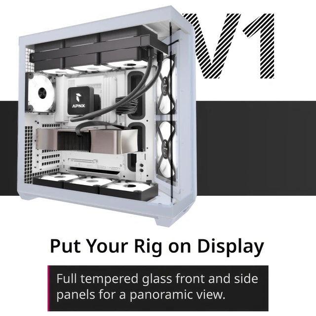 Alt view image 4 of 5 - APNX V1 Dual-Chamber ATX Mid-Tower Airflow PC Case, Panoramic Glass Panels, 10 Fan Slots, 360mm Radiator Support, Angular Intake 16cmx2 Fan Bracket, GPU Mount, Cable Management, Type-C, White/Wood