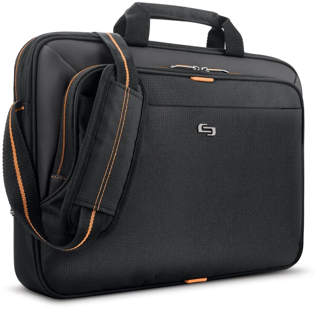 Main image of Solo New York Briefcase - Laptop Carrying Bag for Women & Men, Brief for Travel & Work, Internal Tablet Pocket, Adjustable Shoulder Strap, Fits 13.3" Computer - Ace Slim, Black & Orange