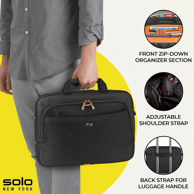 Alt view image 2 of 5 - Solo New York Briefcase - Laptop Carrying Bag for Women & Men, Brief for Travel & Work, Internal Tablet Pocket, Adjustable Shoulder Strap, Fits 13.3" Computer - Ace Slim, Black & Orange