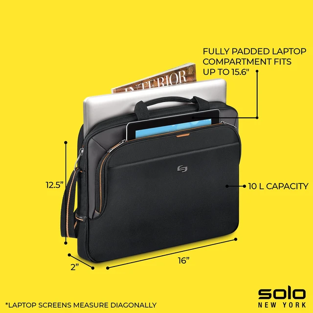 Alt view image 4 of 5 - Solo New York Briefcase - Laptop Carrying Bag for Women & Men, Brief for Travel & Work, Internal Tablet Pocket, Adjustable Shoulder Strap, Fits 13.3" Computer - Ace Slim, Black & Orange