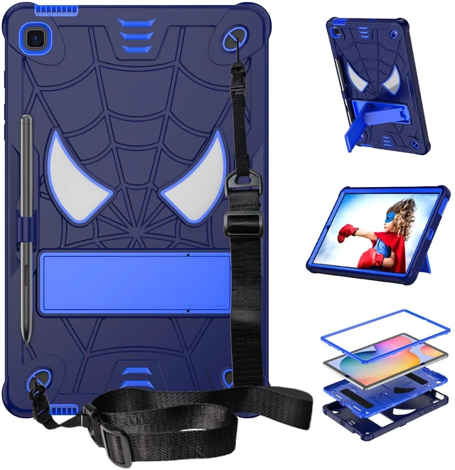 Main image of Dteck Cute Spider Shockproof Case for Galaxy Tab S6 Lite 10.4" (SM-P610/P613/P620) Tablet with Kickstand/S Pen Holder Loop/Shoulder Strap, Drop Protection Protective Rugged Cover for Kid Adult, Blue