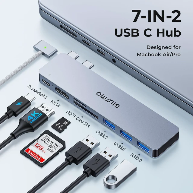 Alt view image 2 of 5 - USB C Adapter HDMI Hub for MacBook Pro/Air M1 M2 M3 2024 2023 13" 15" 16",Mac USB Adapter 7-in-2, MacBook Accessories with HDMI, USB C and 3 USB A 3.0 Data Ports, SDµSD Card Reader
