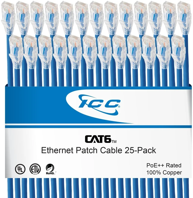Main image of ICC CAT6 Ethernet Patch Cord with Clear Boot Strain Relief, RJ45, Stranded, 550 MHz, UTP, Pure Bare Copper Wire, 24 AWG, LAN Network Patch Cable, Blue, 1 FT, 25-Pack